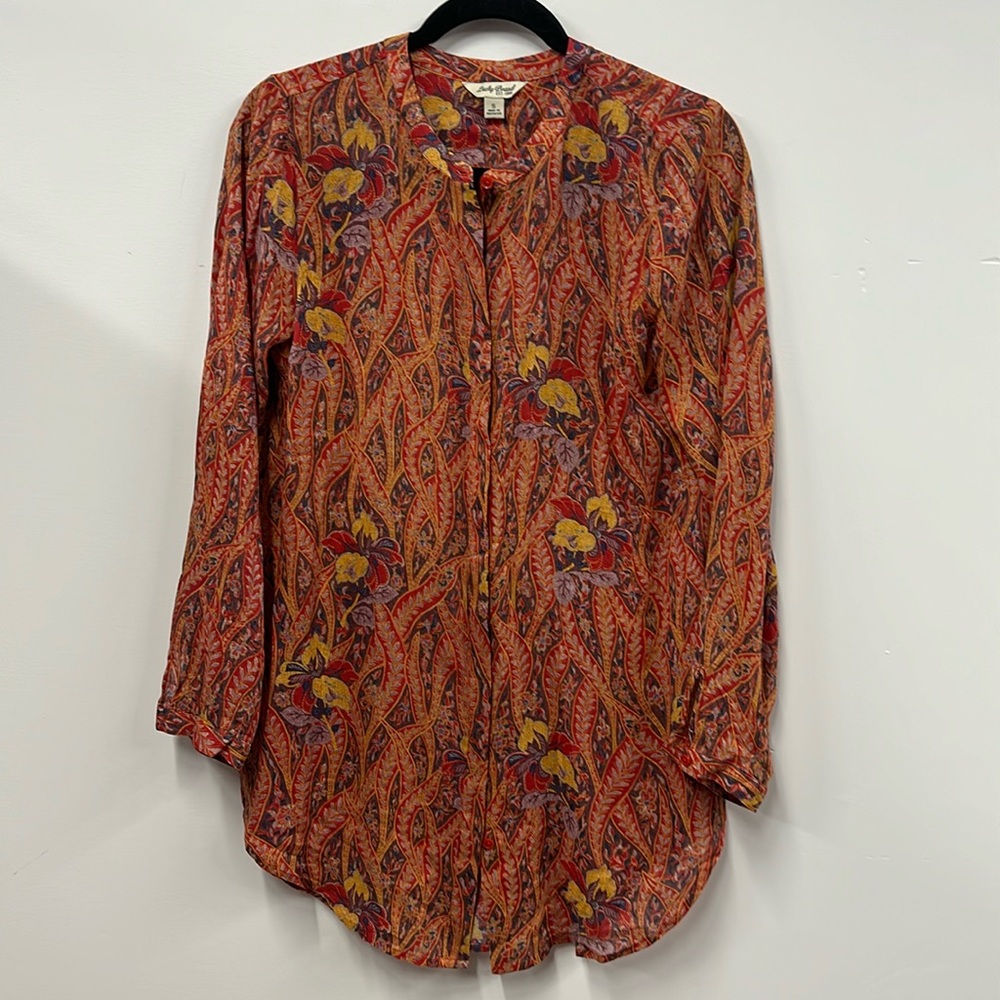 Lucky brand rayon floral red yellow blue button up blouse S